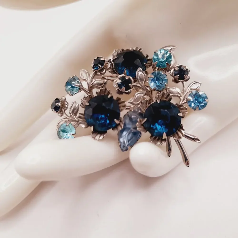 Vintage 1950s Blue Rhinestone Floral Brooch Silver Tone Mid Century